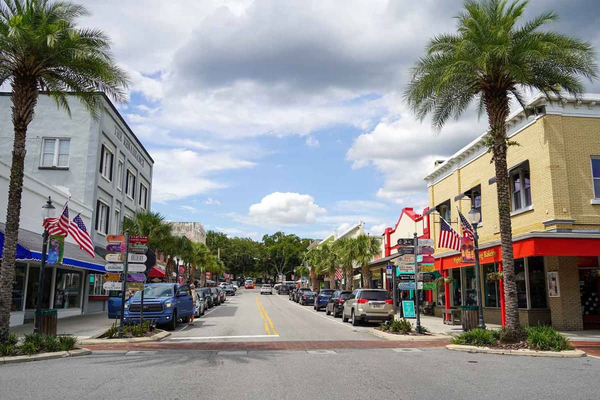 Drone shot of downtown Mount Dora, FL 