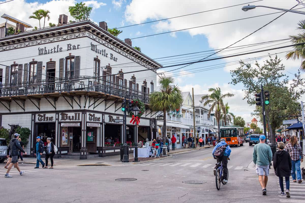 Duval Street in the Key West part of Florida. Duval Street is a popular part of Key West for tourists.