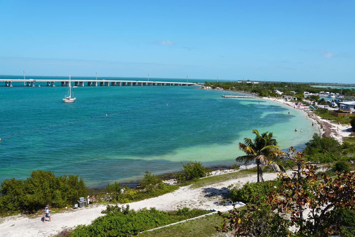 The aerial view of the crystal clear blue water by the beach at Bahia Honda State Park, Big Pine Key, Florida, U.S.A
