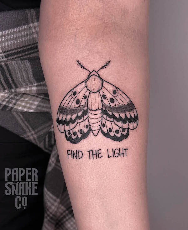 Find the light -  Moth quote tattoo by @papersnakeco