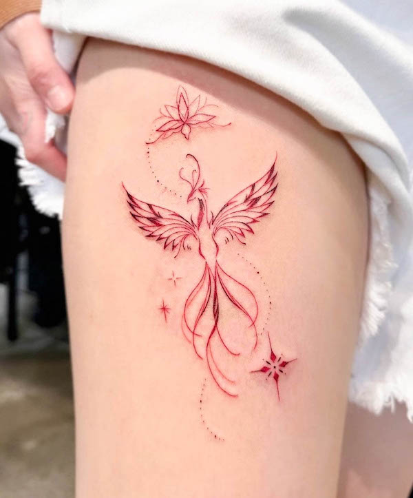 Phoenix tattoo on the thigh by @e.hyang_.tattoo