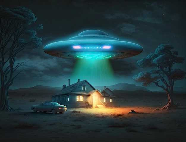 Unidentified Flying Object UFO With Light Beam Above House In Night Sky Alien Abduction | Premium Photo