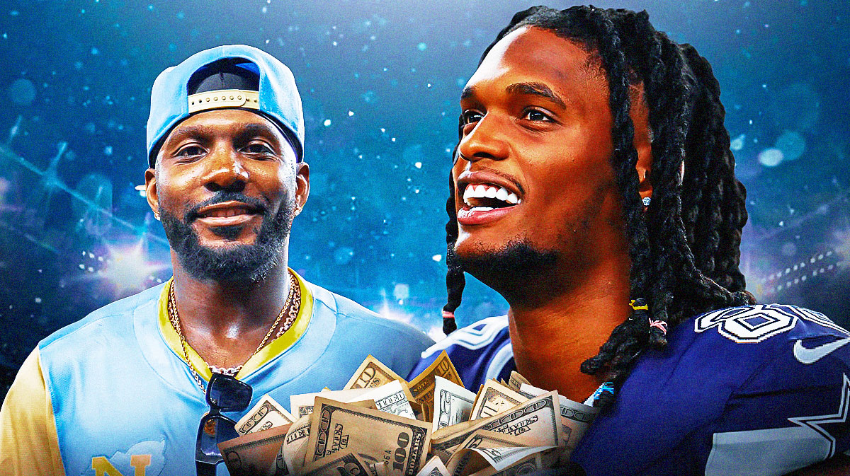 Dez Bryant (current day, regular clothes) looking at CeeDee Lamb in a Cowboys jersey with money bags and money falling all around; Cowboys logo background.