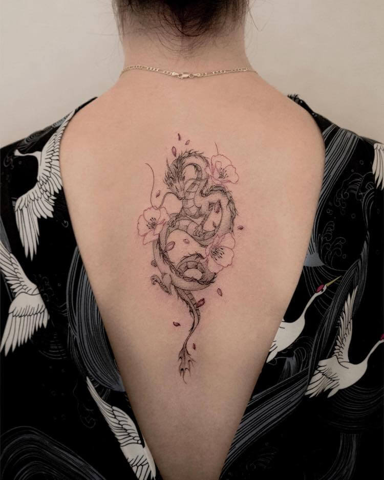 Dragon and Flowers Tattoo