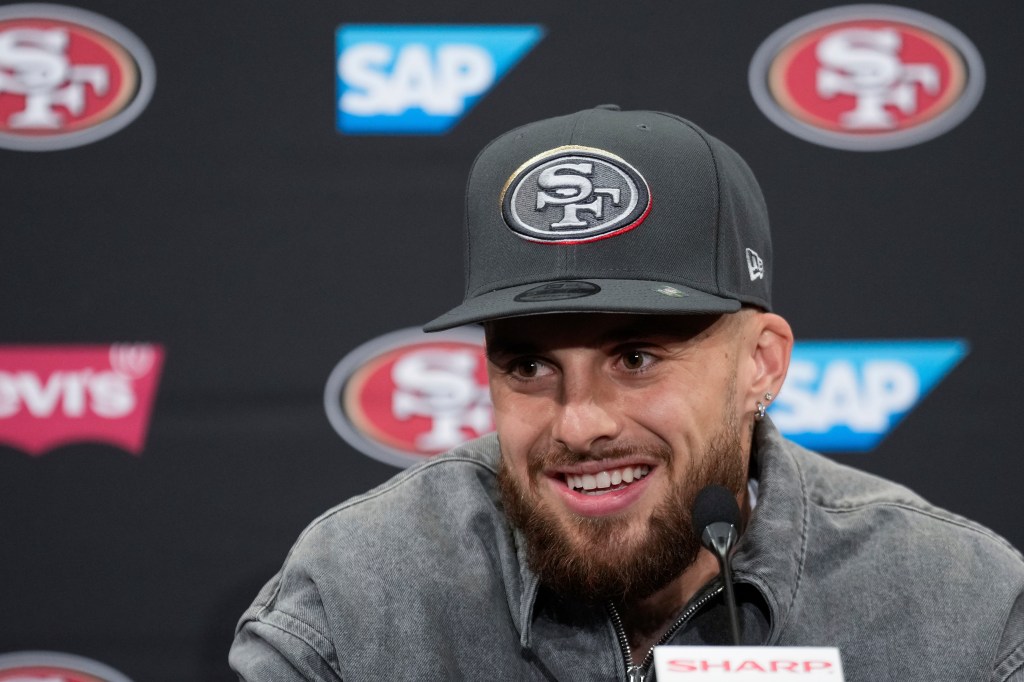 Pearsall speaks at an NFL football news conference, April 26, 2024, at the team's facility in Santa Clara, Calif.