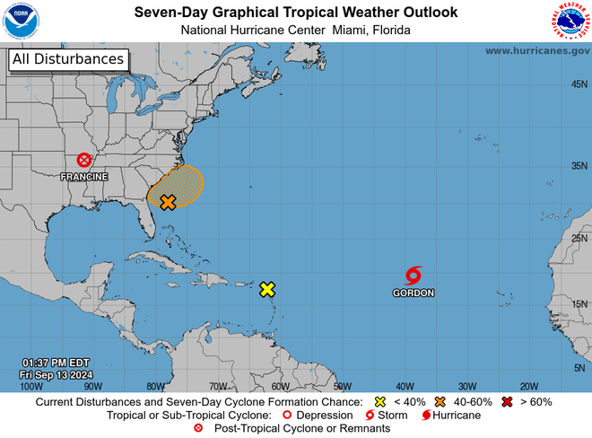 The National Hurricane Center is watching several disturbances in the Atlantic Ocean this week, including Tropical Storm Gordon and a potential tropical system off the Carolinas.