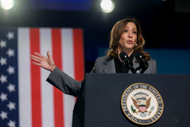 Democratic presidential nominee, U.S. Vice President Kamala Harris, speaks during an event at the Cobb Energy Performing Arts Centre on September 20, 2024, in Atlanta, Georgia.