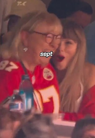 Swift is seen celebrating with Travis Kelce's mom Donna in the clip