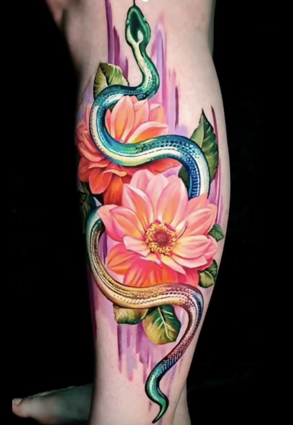 Dahlia and snake tattoo