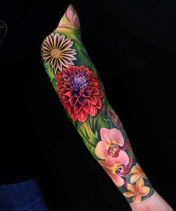 Dahlia daisy and orchid tattoo