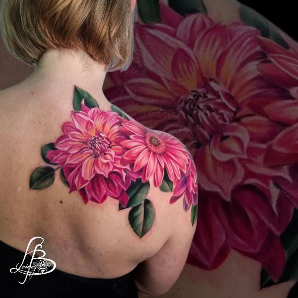 Pink Dahlia and daisy shoulder tattoo