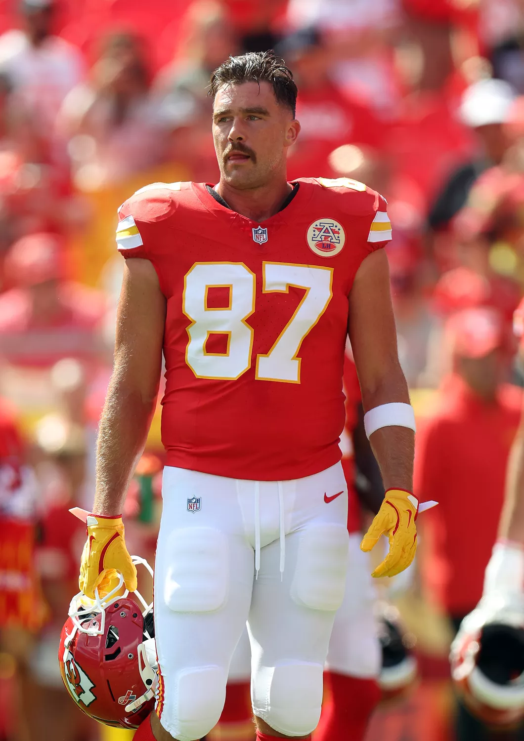 Travis Kelce #87 of the Kansas City Chiefs warms up prior to the game against the Cincinnati Bengals at GEHA Field at Arrowhead Stadium on September 15, 2024 in Kansas City, Missouri.