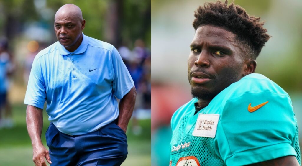 Tyreek Hill in uniform and Charles Barkley on golf course