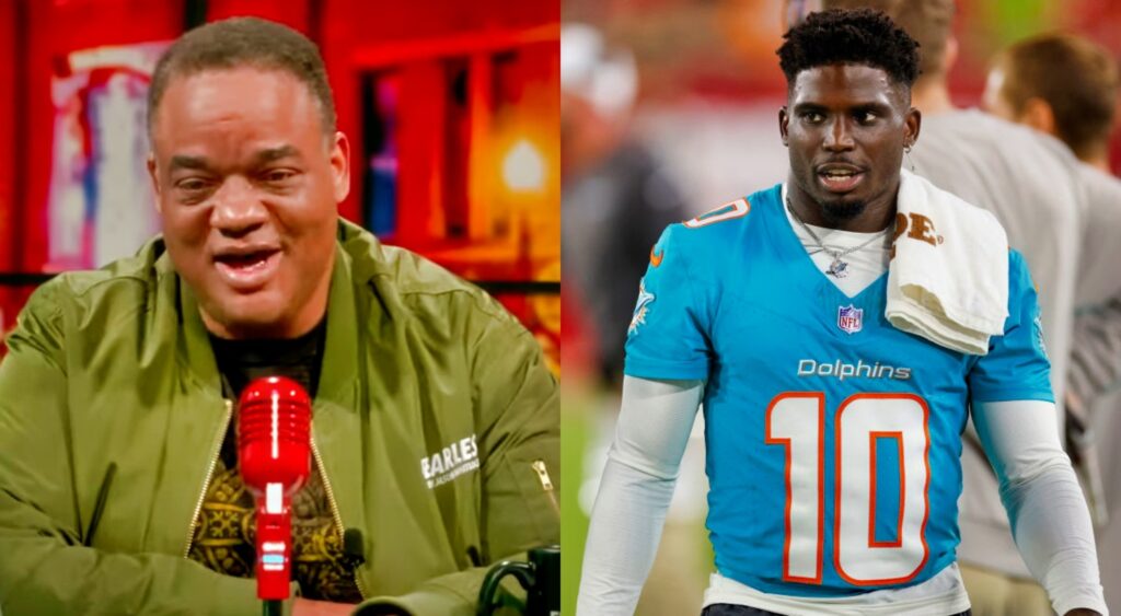 Tyreek Hill in uniform and Jason Whitlock on podcast