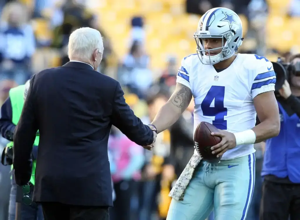 Nov 13, 2016; Pittsburgh, PA, USA; Dallas Cowboys owner Jerry Jones and quarterback Dak Prescott (4) greet each other before their game against the Pittsburgh Steelers at Heinz Field. Mandatory Credit: Jason Bridge-USA TODAY Sports