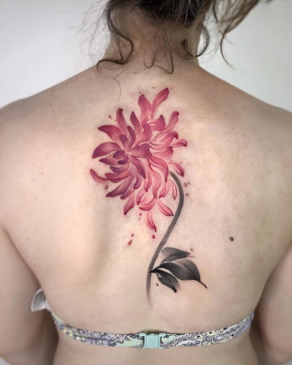 Watercolor Dahlia flower back tattoo