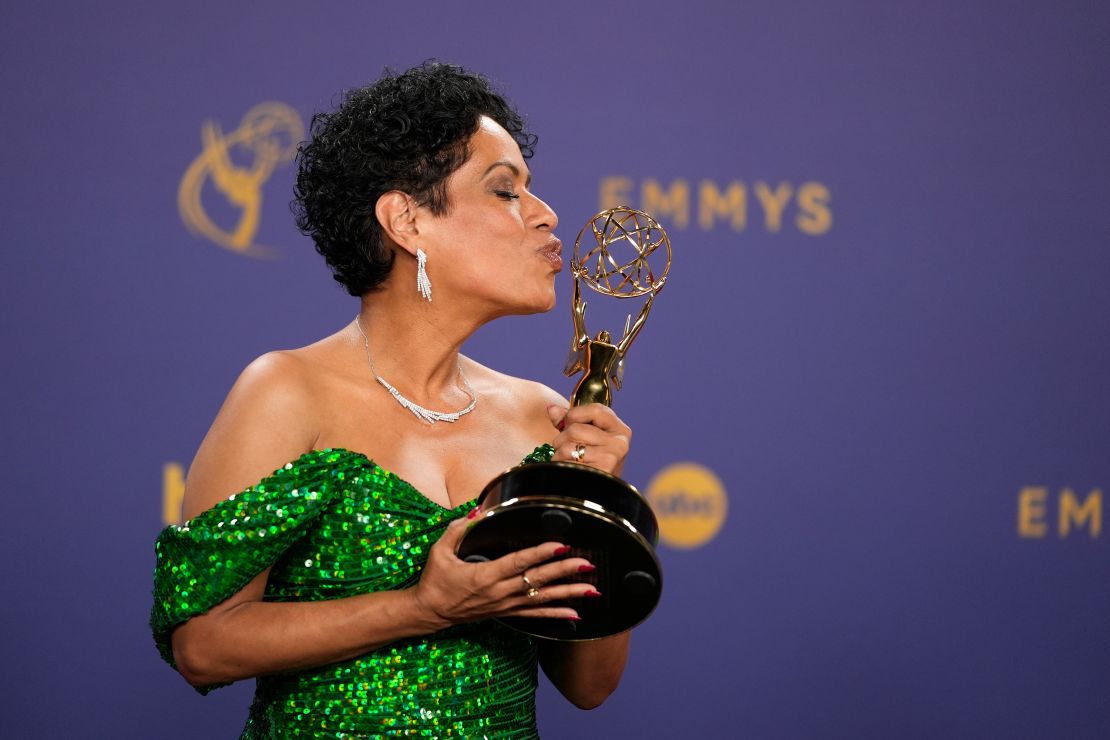 Liza Colon-Zayas poses in the press room with the award for outstanding supporting actress in a drama series for "The Bear."