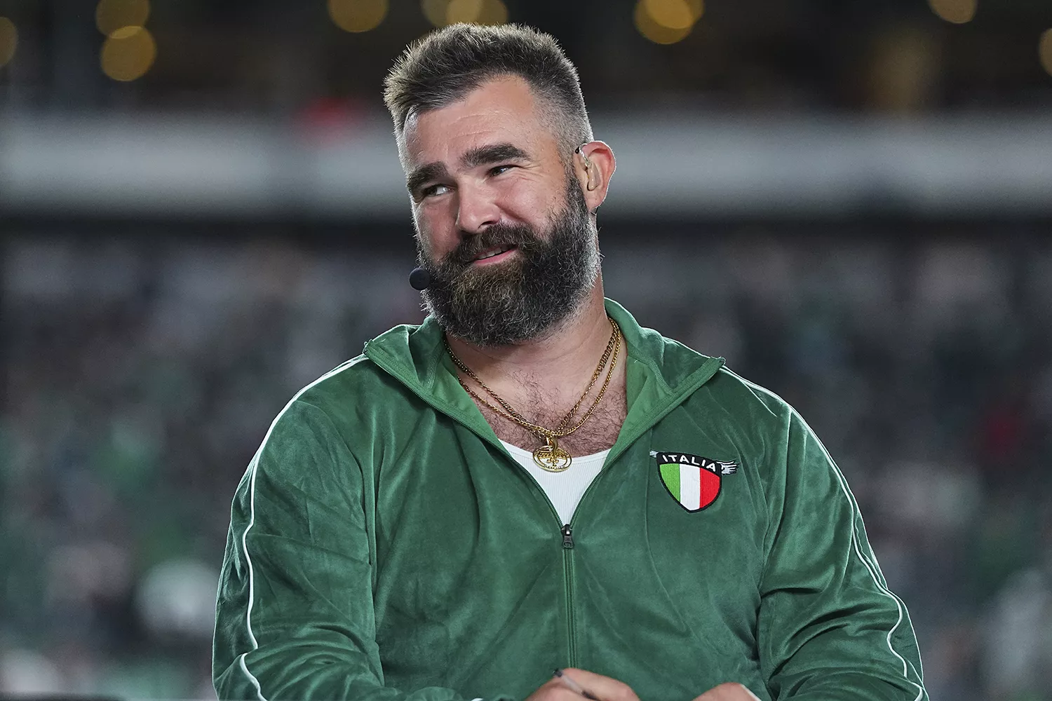 ESPN analyst Jason Kelce looks on prior to the game between the Atlanta Falcons and Philadelphia Eagles