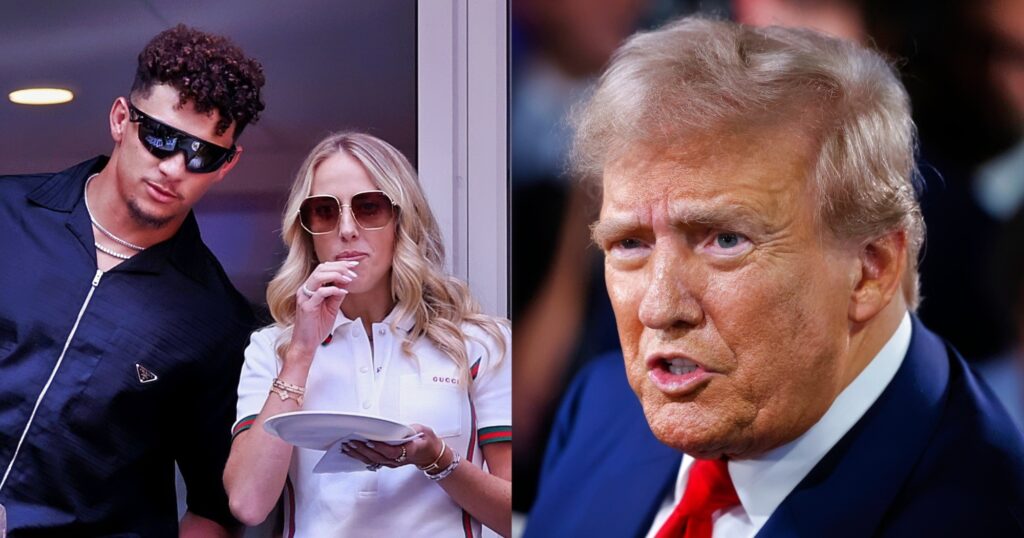 Patrick Mahomes and Brittany Mahomes watching event (left). Donald Trump speaking (right).