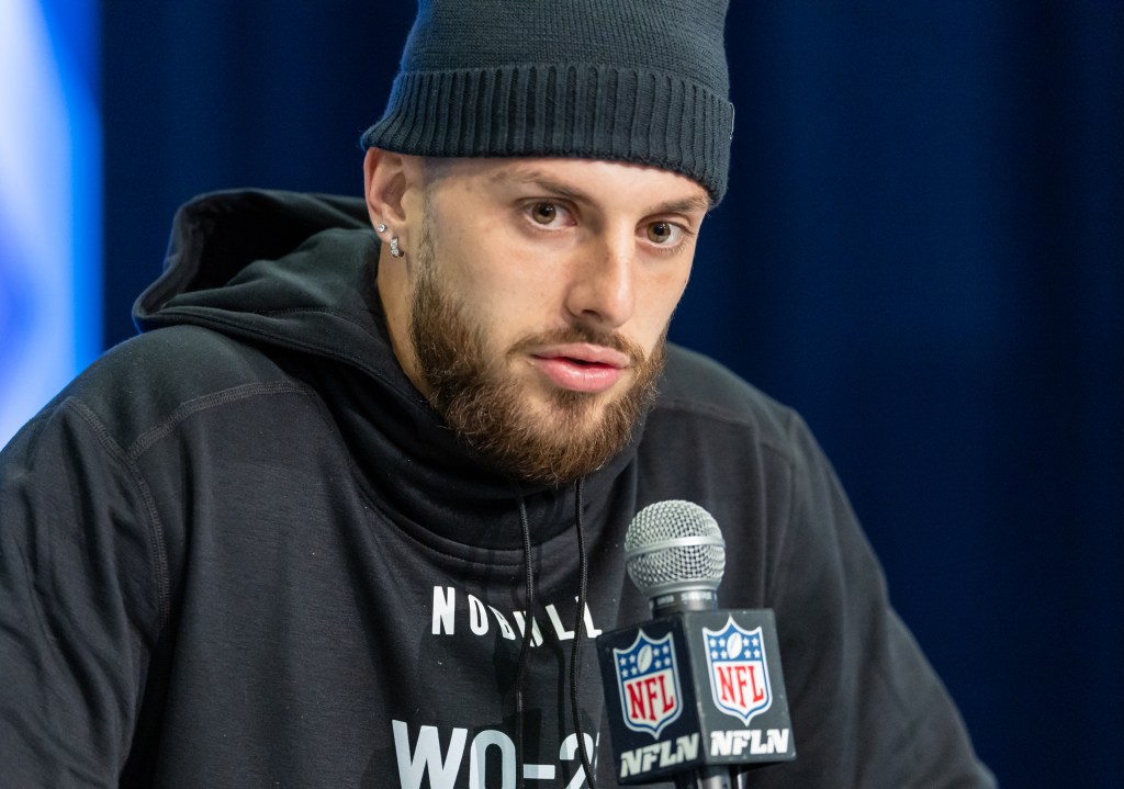 Ricky Pearsall #WO23 of the Florida Gators speaks to the media during the 2024 NFL Draft Combine at Lucas Oil Stadium on March 01, 2024 in Indianapolis, Indiana.