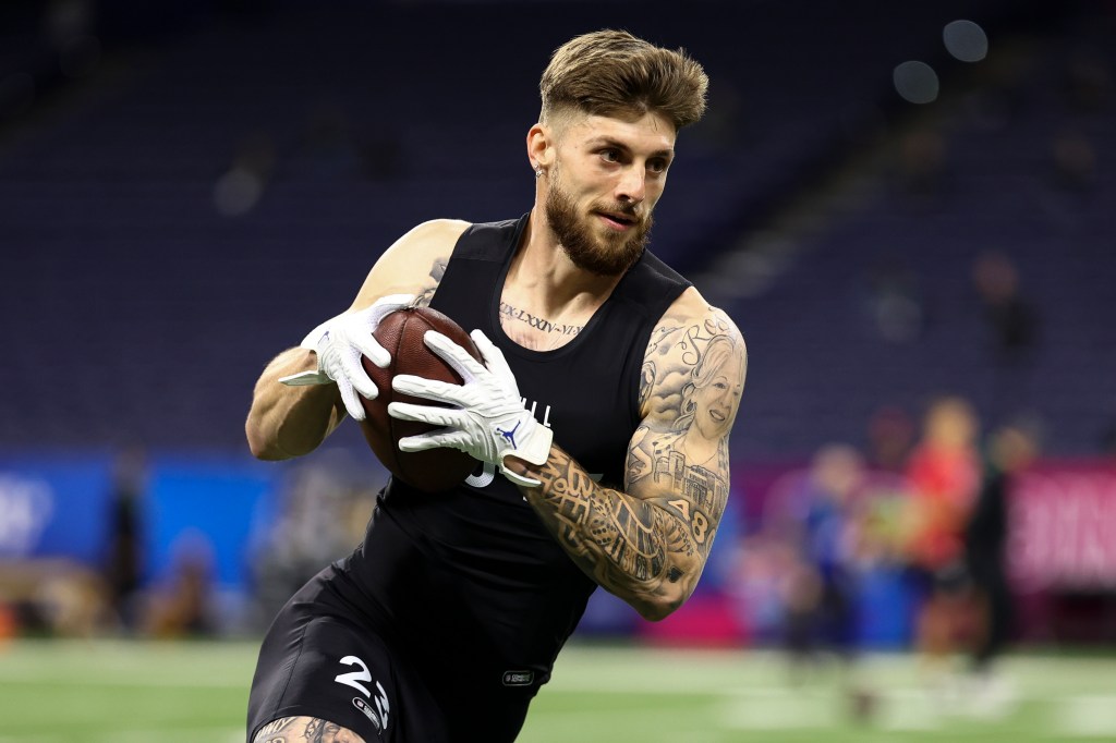 Ricky Pearsall #WO23 of Florida participates in a drill during the NFL Combine at the Lucas Oil Stadium on March 2, 2024 in Indianapolis, Indiana.