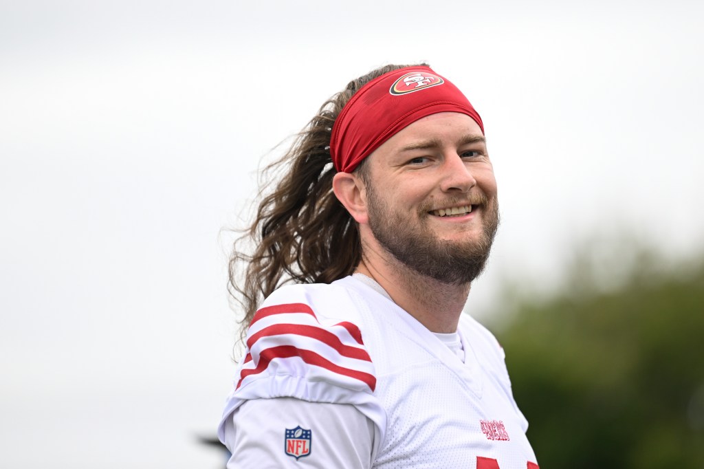 San Francisco 49ers long snapper Taybor Pepper smiles during NFL football training camp Saturday, July 27, 2024.